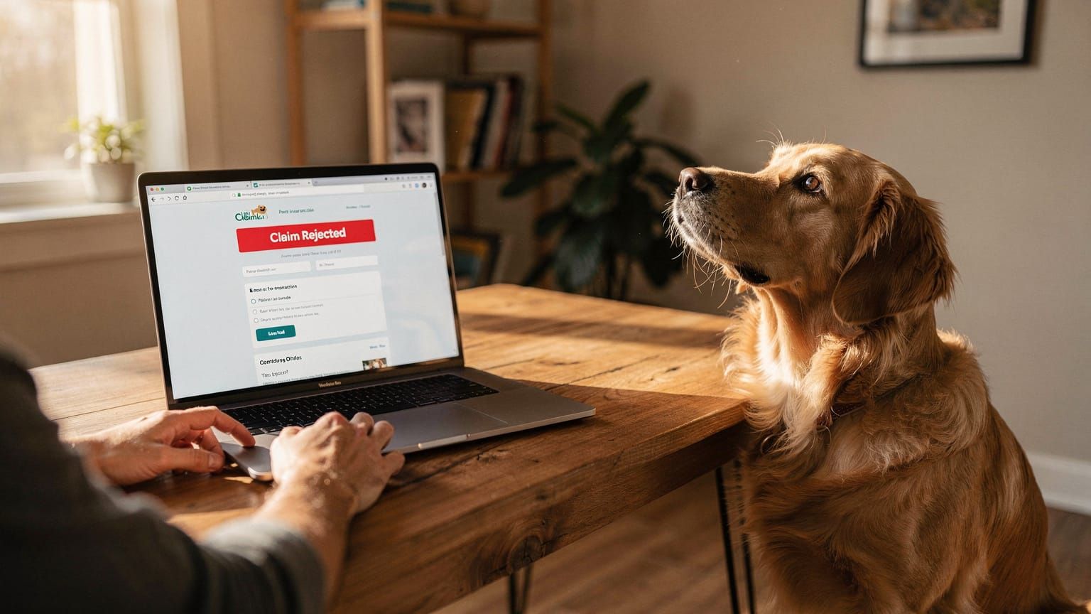 AI claim denial - laptop showing rejected pet insurance claim portal