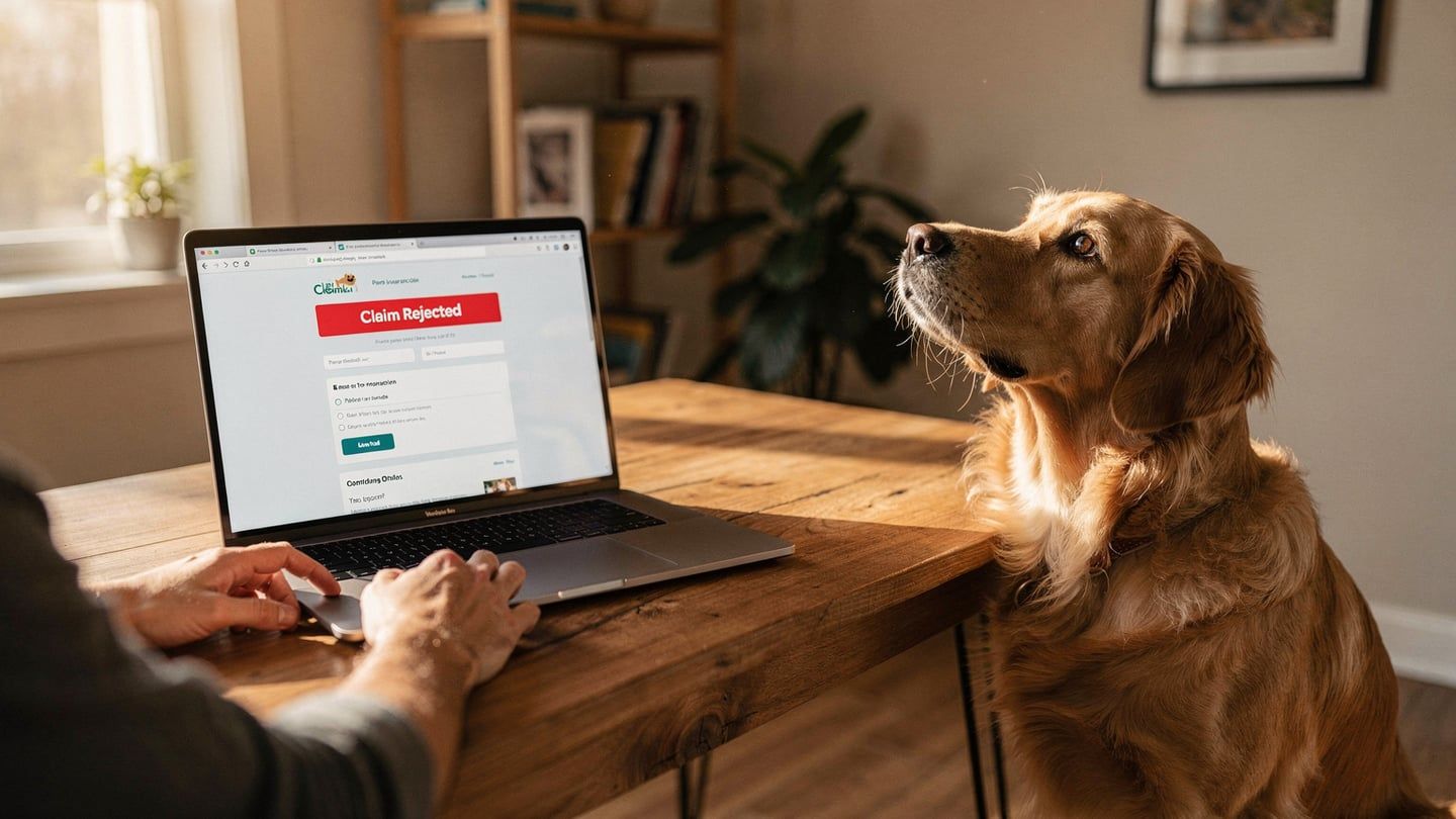 AI claim denial - laptop showing rejected pet insurance claim portal
