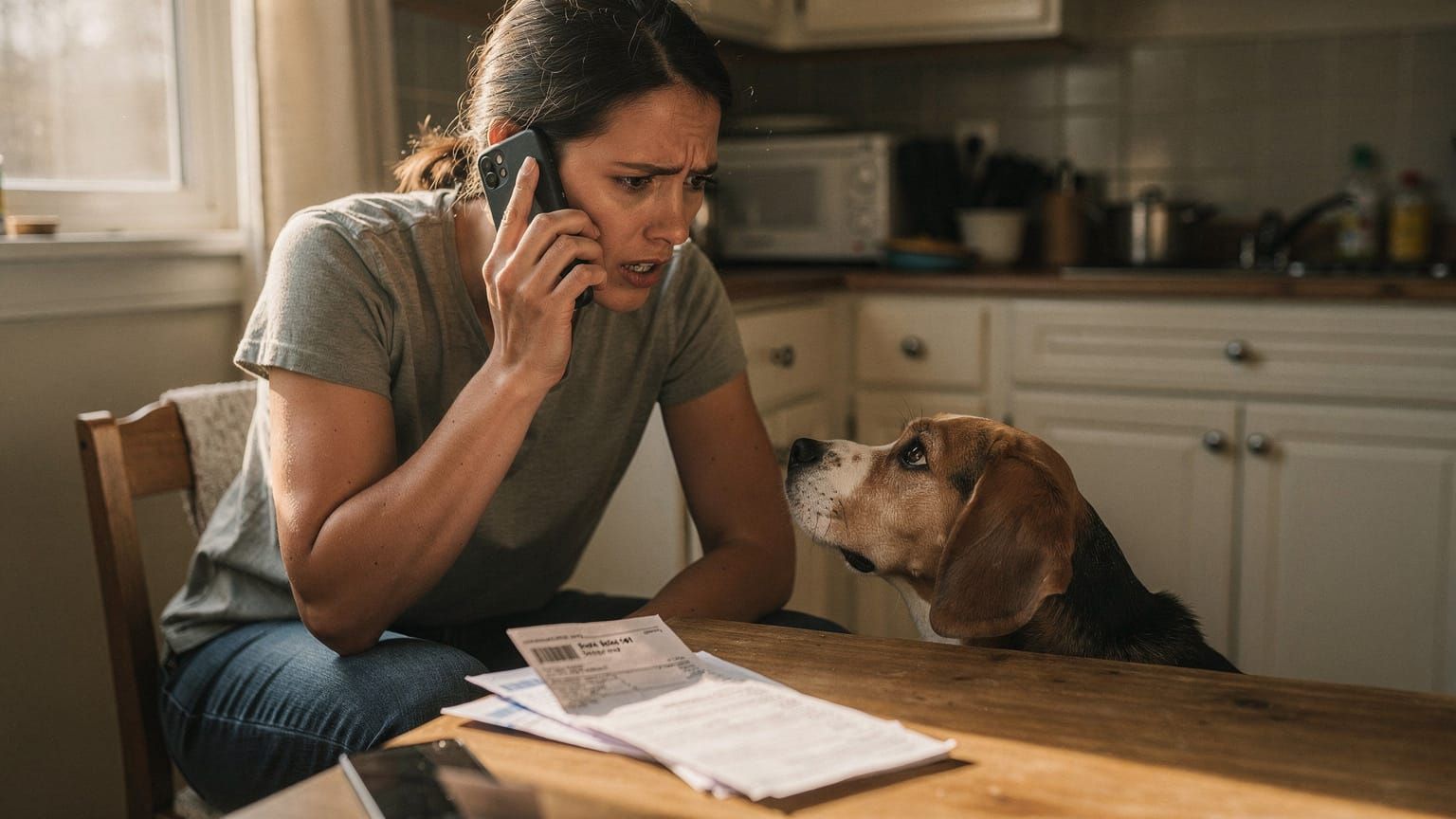 AI insurance claim - frustrated owner calling insurer with dog nearby