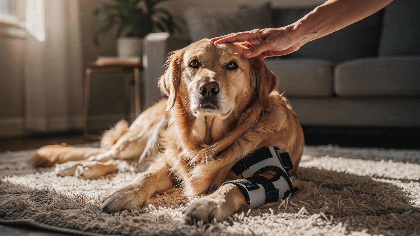 Bilateral exclusion - dog with post-surgical knee brace recovering