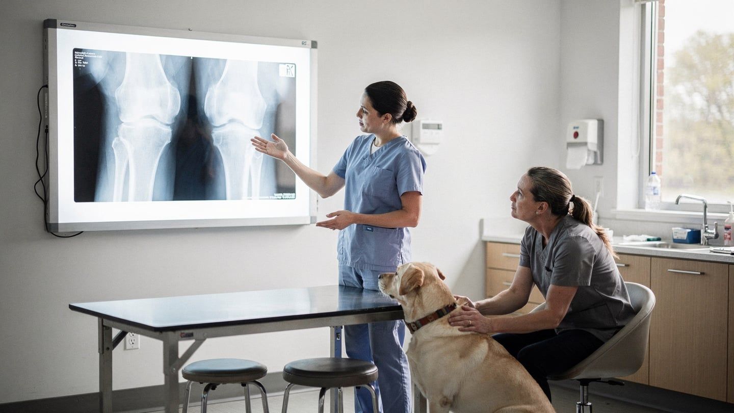 Bilateral knee - vet showing dog X-ray to owner during consultation