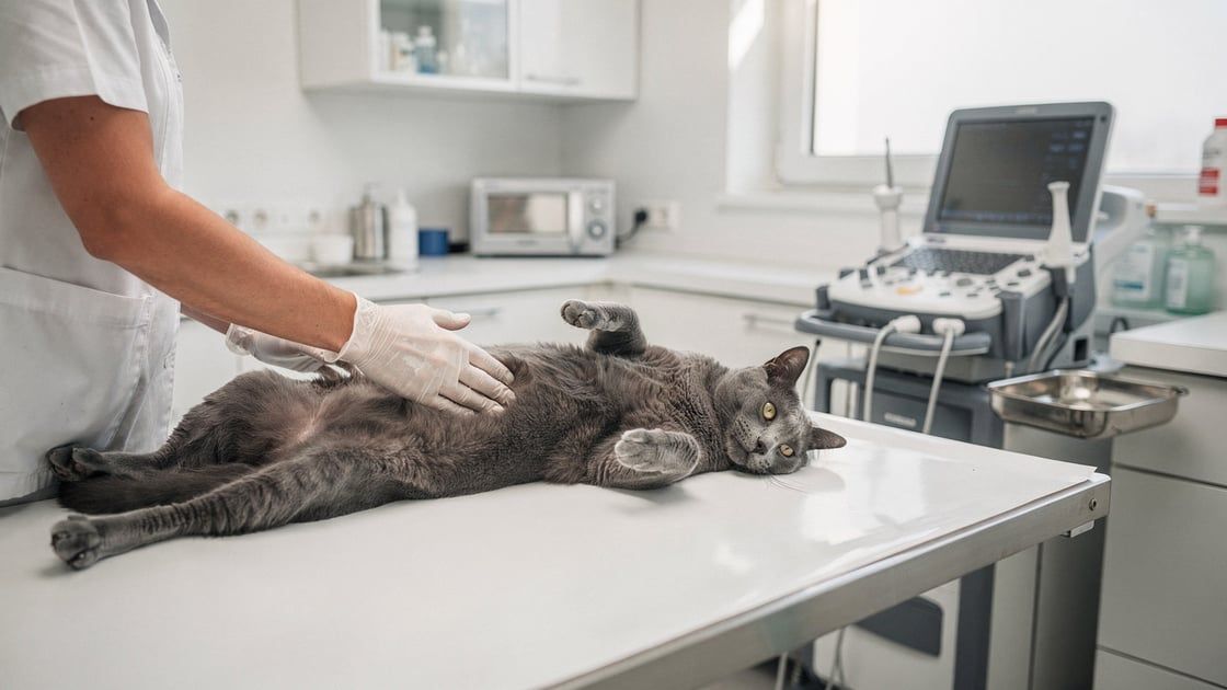 Veterinarian examining a cat with bladder stones using ultrasound in a clinic