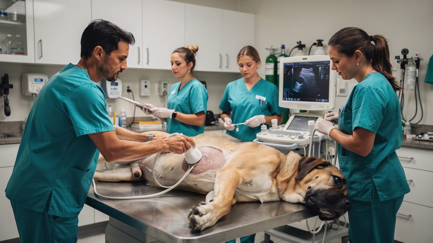 Bloat surgery prep - vet team examining a large breed dog urgently