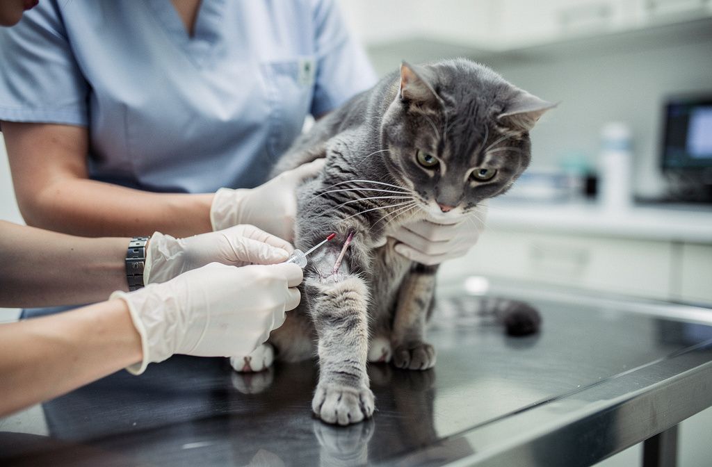 Veterinarian drawing blood from a cat - diagnostic blood panel