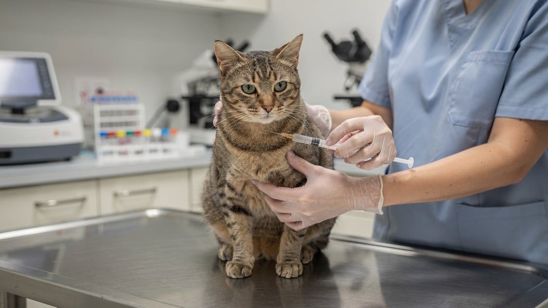 Veterinarian drawing blood from a cat - diagnostic blood panel