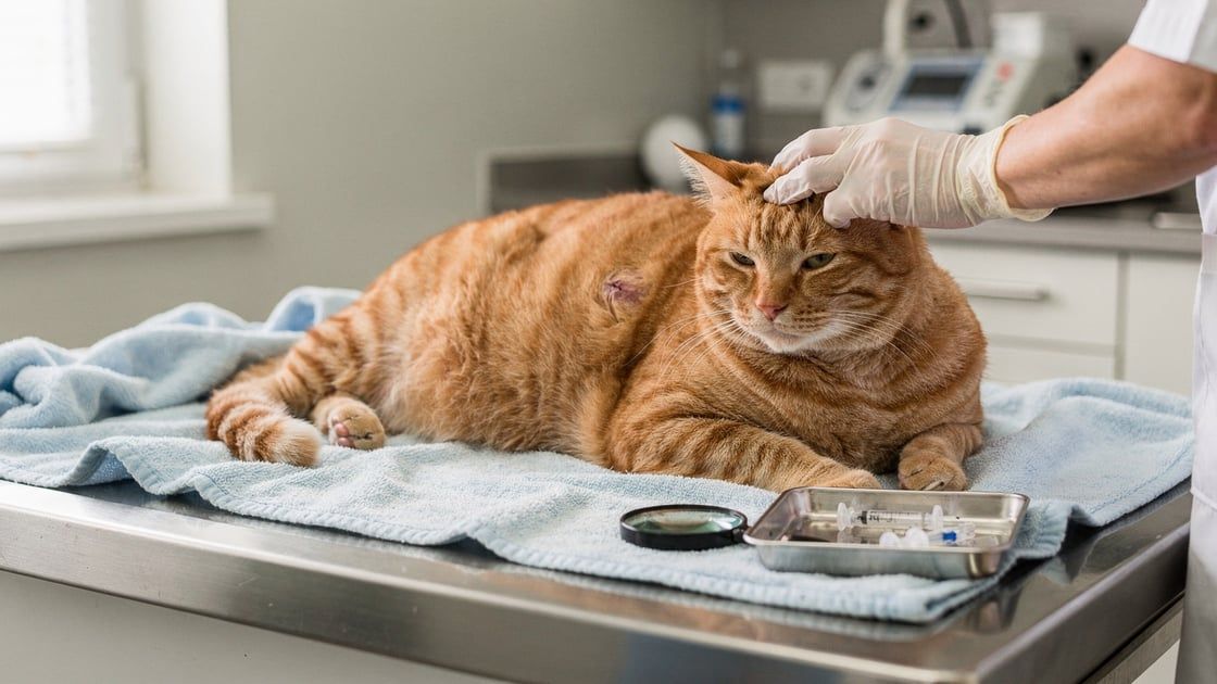 Veterinarian inspecting a feline mast cell tumor with magnifying loupe in clinic