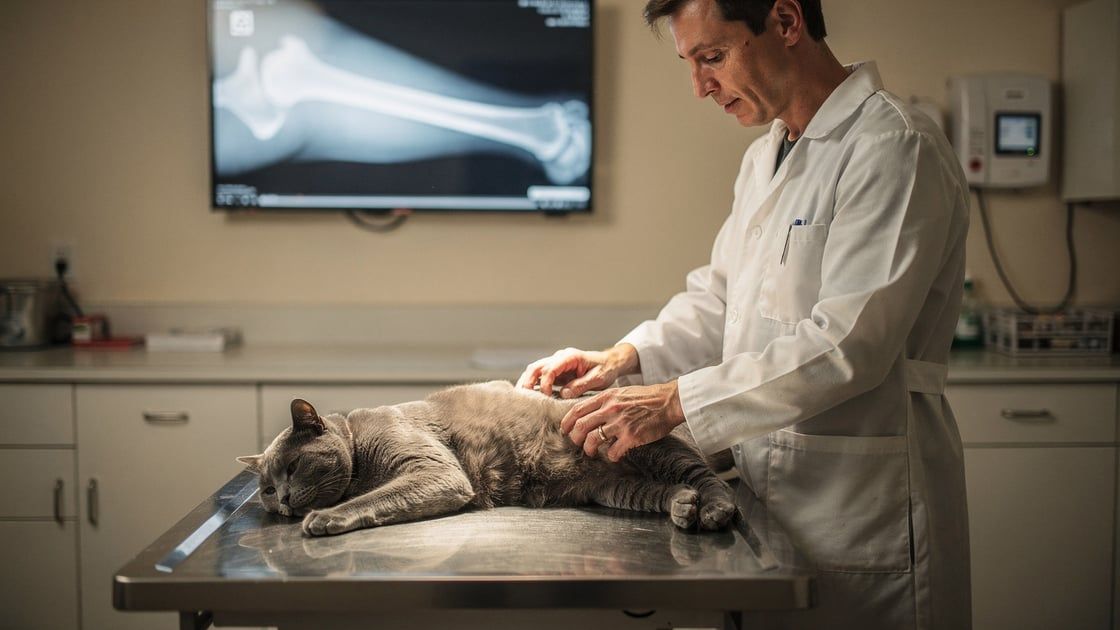 Veterinarian examining feline bone cancer with X-ray review in a clinic