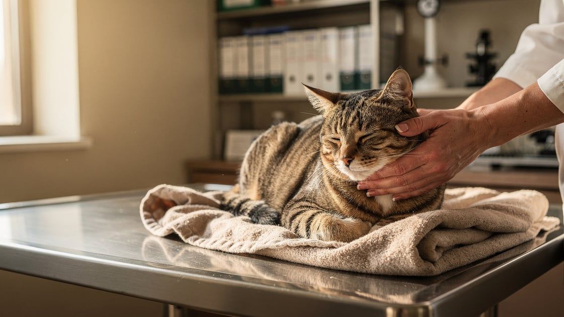 Veterinary oncologist examining a senior cat for cancer signs at a clinic