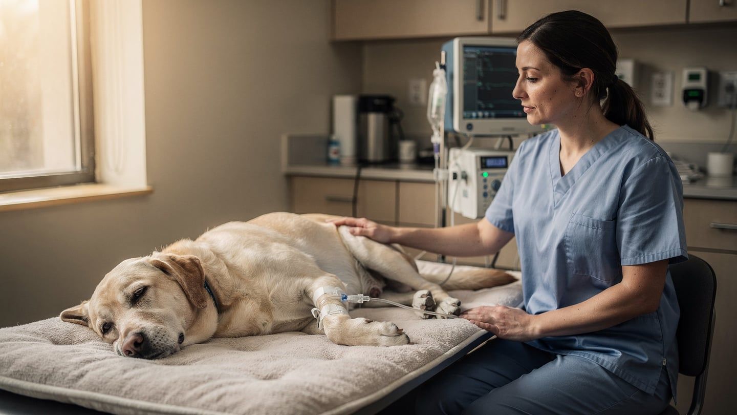 Dog cancer chemotherapy - senior retriever receiving IV chemo at oncology vet
