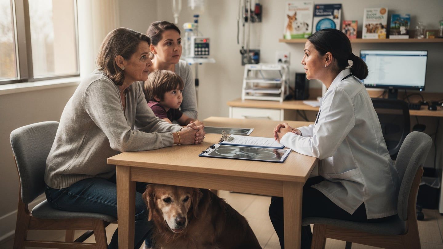 Dog cancer treatment options - family consulting with veterinary oncologist