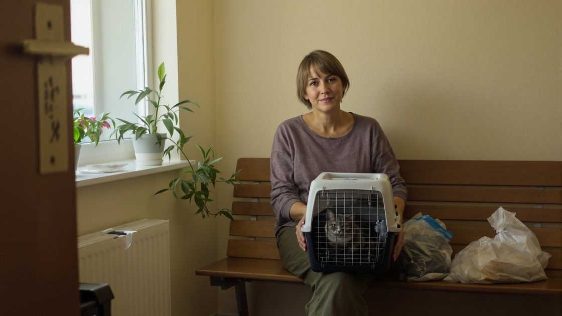 Průjem u koček - klidná mourovatá kočka na vyšetřovacím stole kvůli trávicímu vyšetření