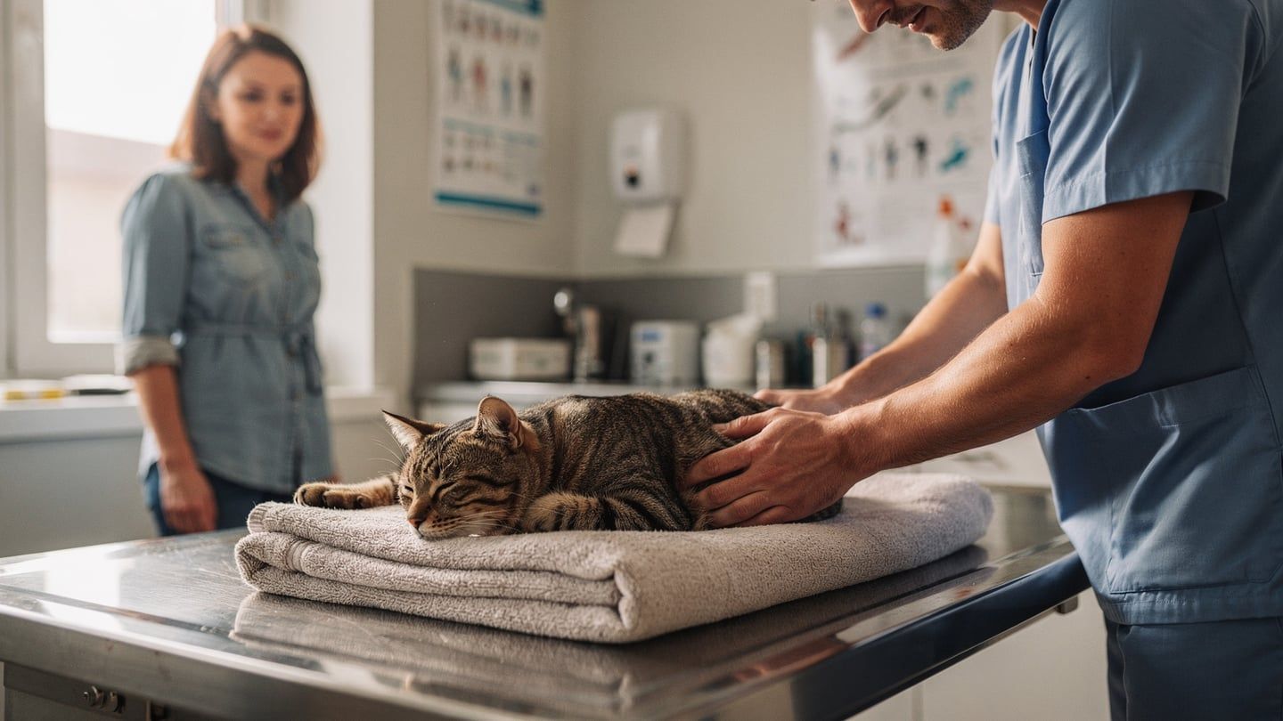 Cat diarrhea - calm tabby cat at vet exam table for digestive evaluation
