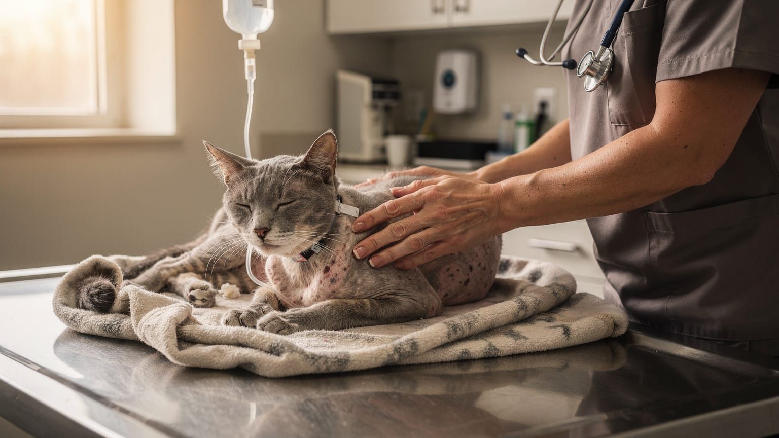 Cat kidney disease cost - senior cat at veterinary exam for kidney function bloodwork
