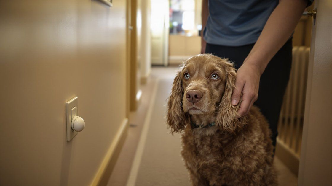Operace šedého zákalu u psa - senior pes vyšetřovaný veterinárním oftalmologem se štěrbinovou lampou