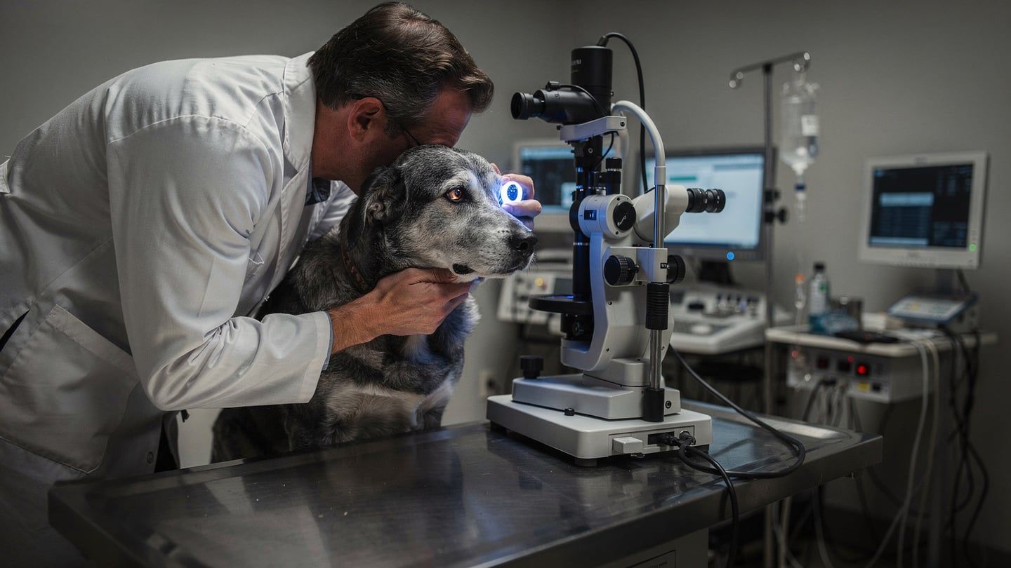 Cataract surgery for dogs - senior dog being examined by veterinary ophthalmologist with slit lamp