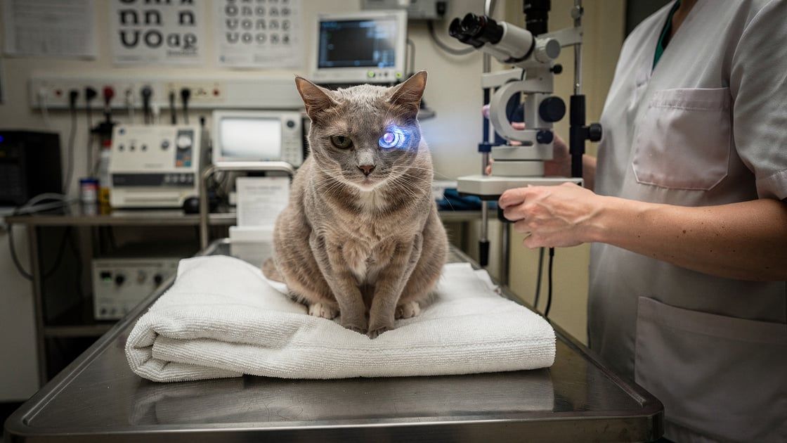 Veterinary ophthalmologist examining feline cataracts with a slit lamp