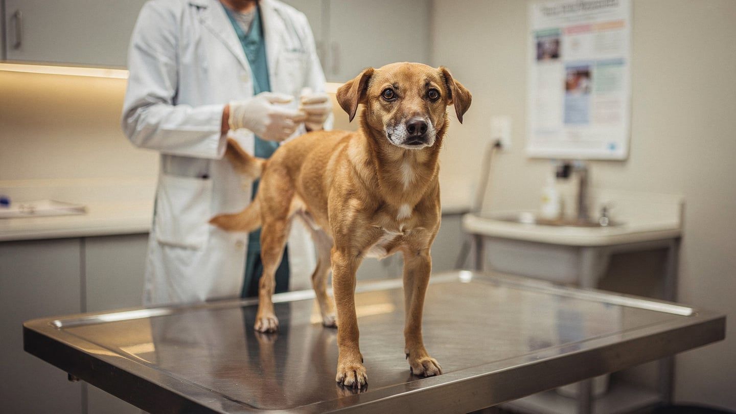 Dog anal gland issues - vet at exam table with calm dog