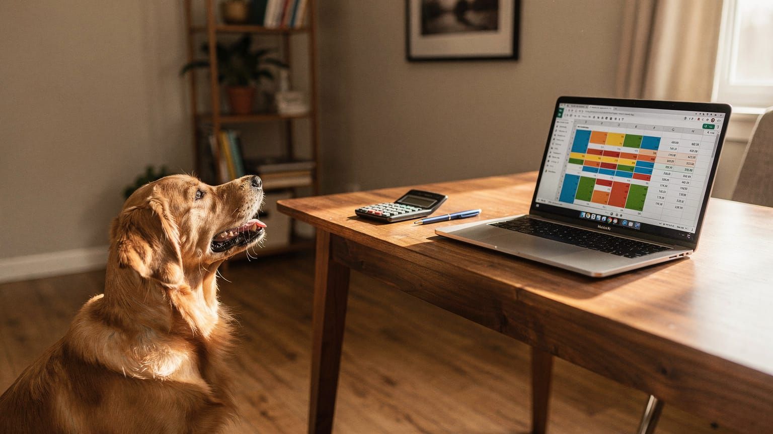 Dog annual budget - owner reviewing yearly dog expenses at a kitchen table with dog nearby
