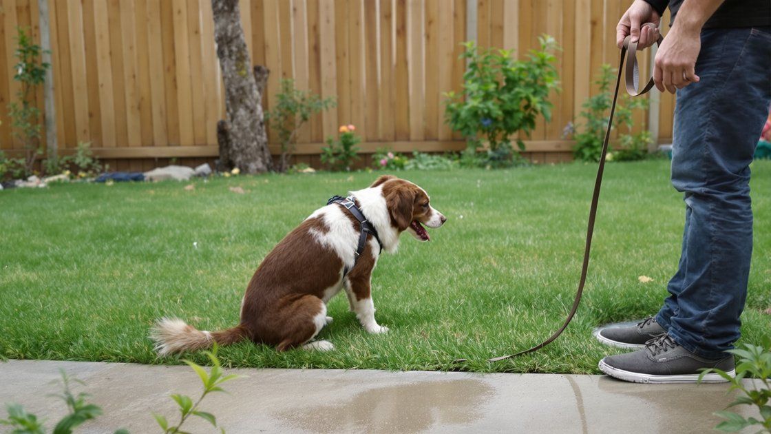 Female dog squatting repeatedly on a lawn while its owner watches with concern