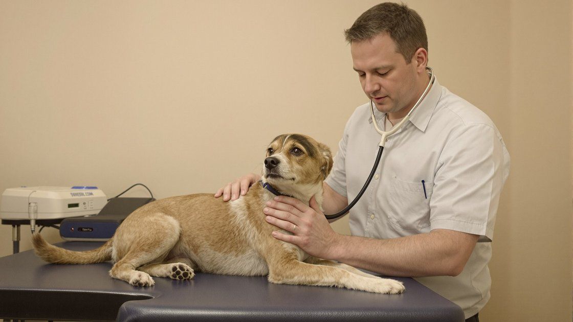 Atemprobleme beim Hund - Tierarzt hört die Brust eines Hundes mit dem Stethoskop ab