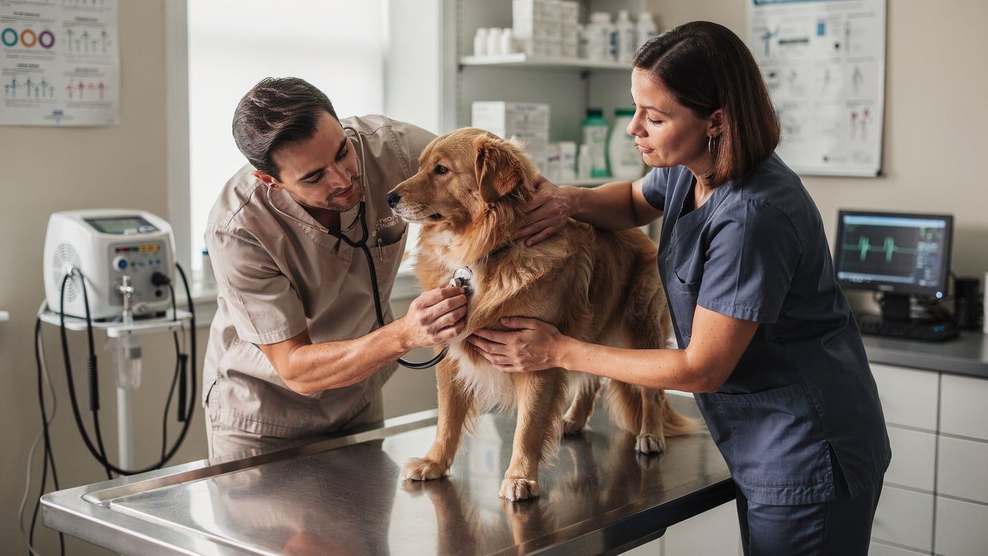 Dog respiratory problems - vet listening to dog's chest with stethoscope