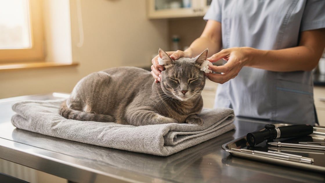 Veterinarian providing post-op ear hematoma surgery care for a cat