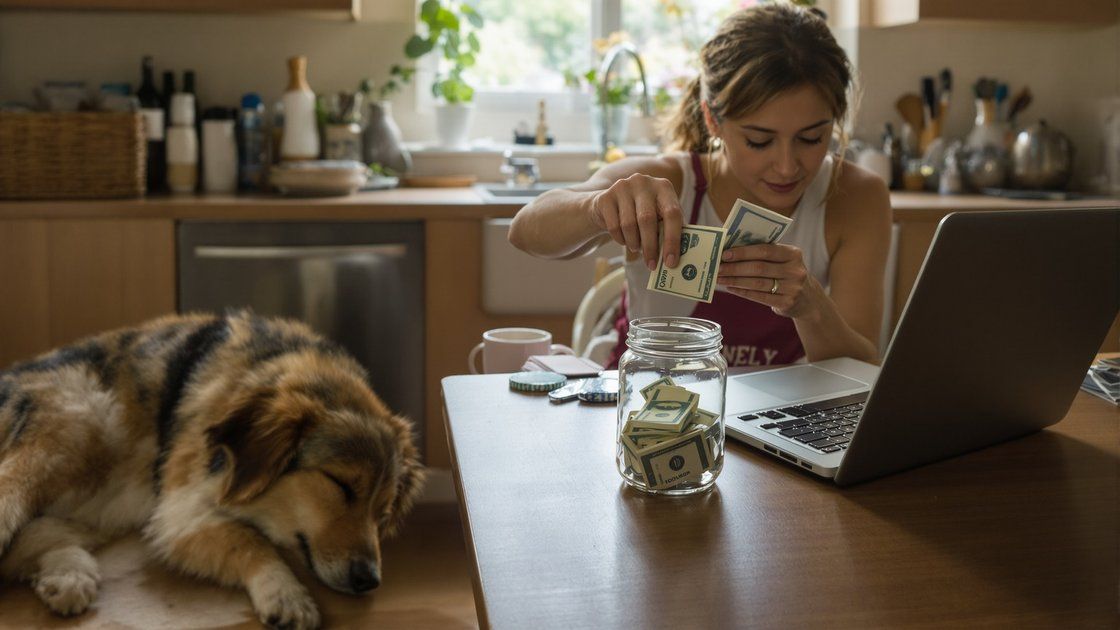 Owner putting cash into a savings jar at the kitchen table while her dog sleeps on the floor