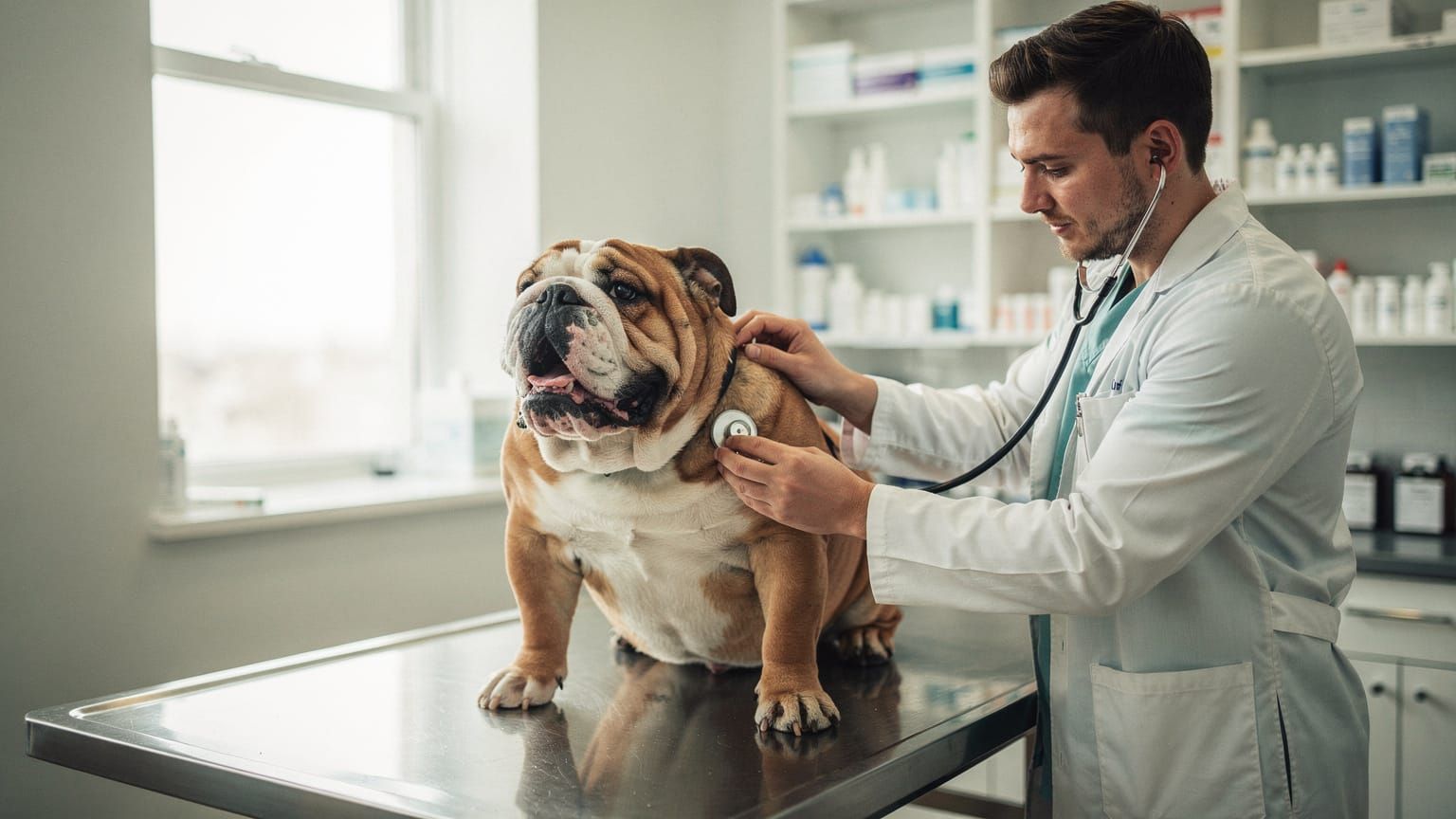 English bulldog BOAS surgery - bulldog being examined for breathing problems