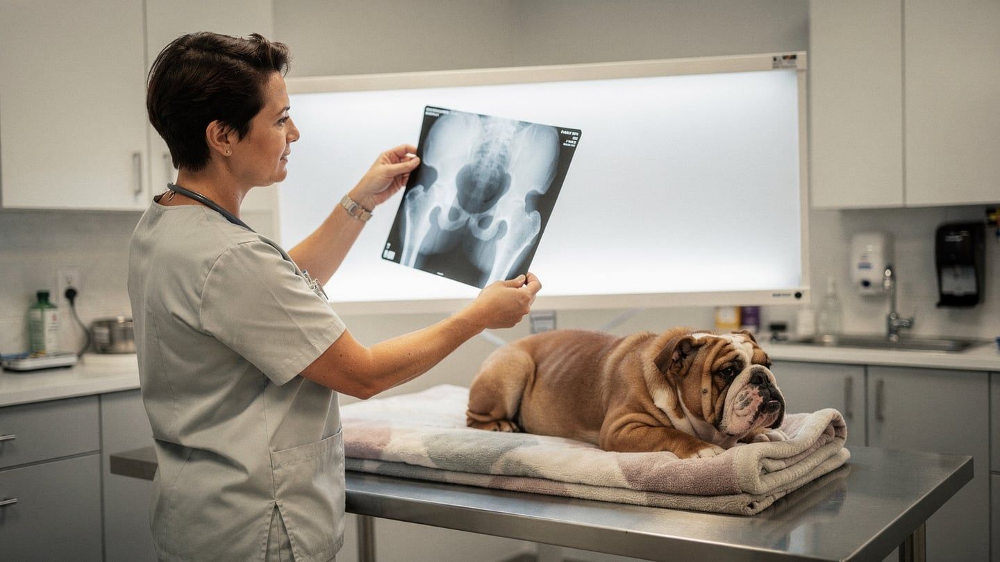 English bulldog hip X-ray - vet reviewing skeletal imaging on lightbox