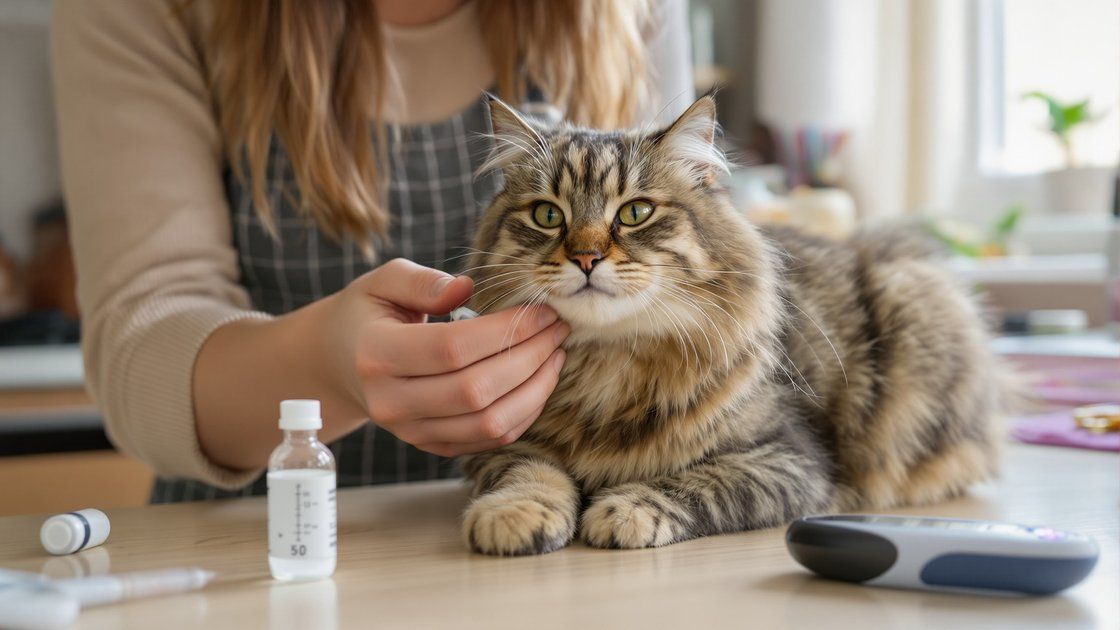 Coût du diabète du chat - chat recevant une injection d'insuline pendant son traitement courant à domicile