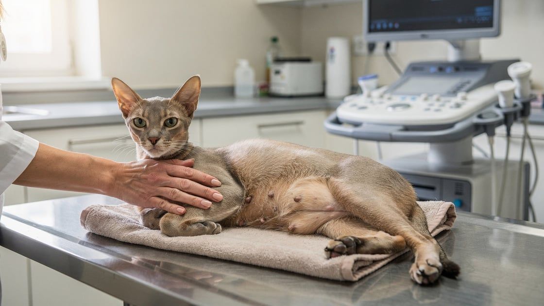 Veterinarian examining a young cat with FIP and abdominal effusion