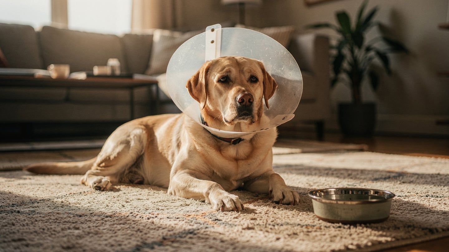 Foreign body recovery - dog wearing post-op cone in soft home setting