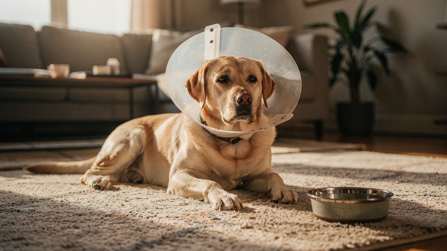 Foreign body recovery - dog wearing post-op cone in soft home setting