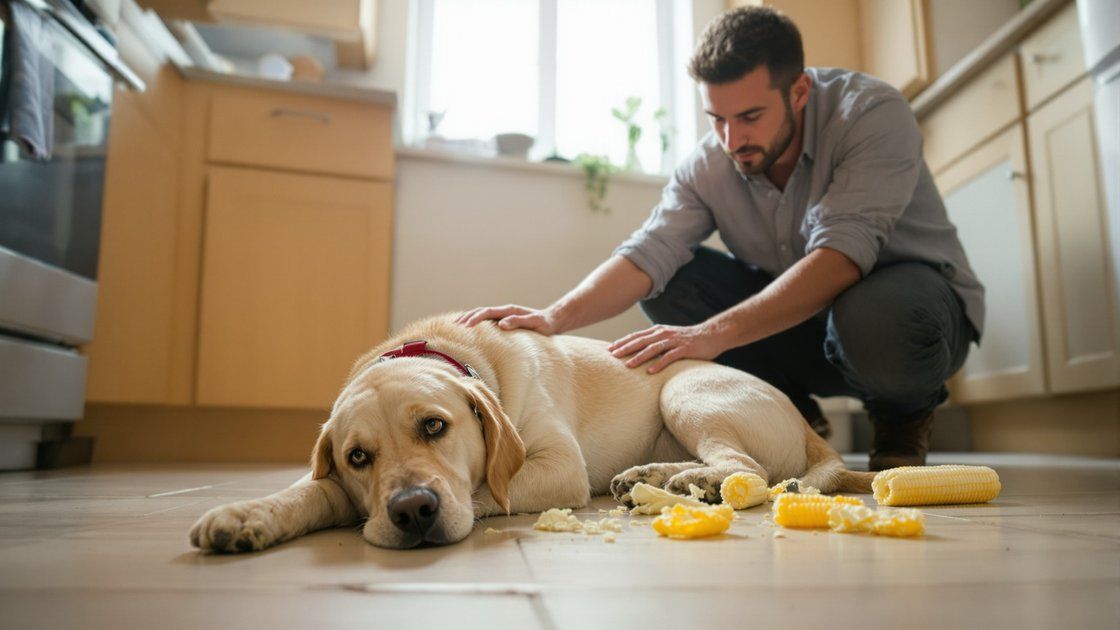 Yellow Labrador on the kitchen floor next to a chewed corn cob while its owner checks on it