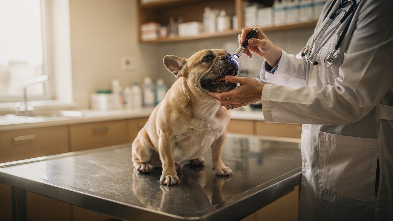 French bulldog BOAS - vet examining brachycephalic airway problems