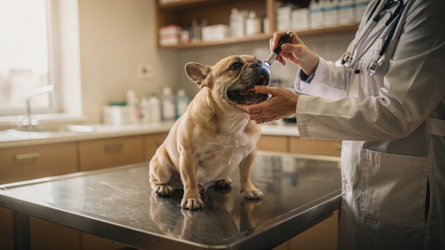 French bulldog BOAS - vet examining brachycephalic airway problems