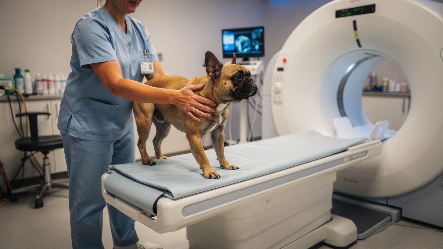 French bulldog IVDD - Frenchie at MRI imaging suite for spine scan