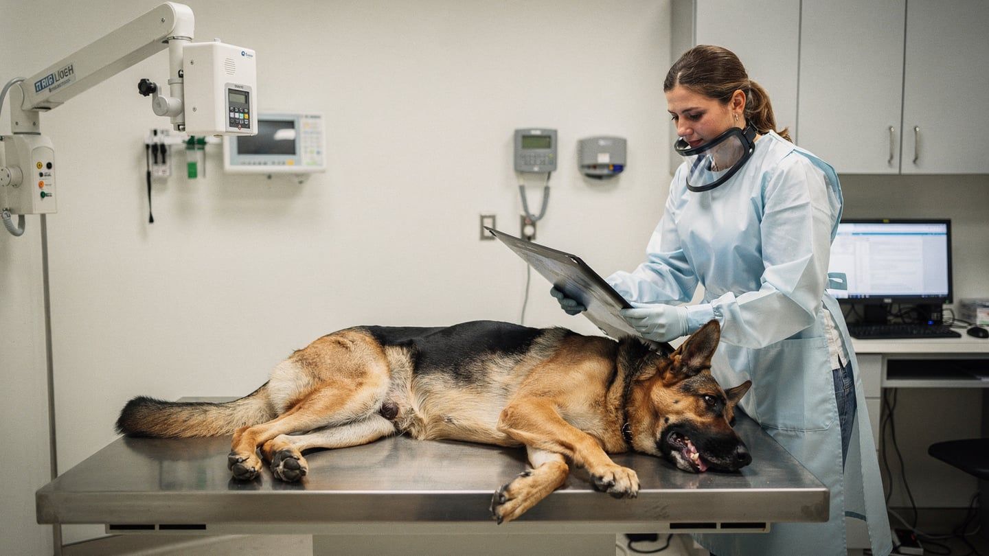 German shepherd hip dysplasia - GSD having a hip X-ray taken at vet