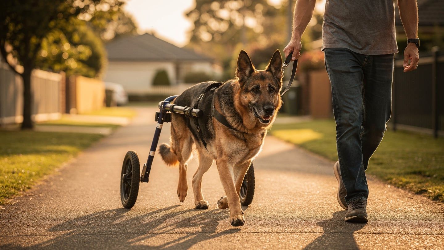 Senior german shepherd DM - older GSD with mobility cart on a walk