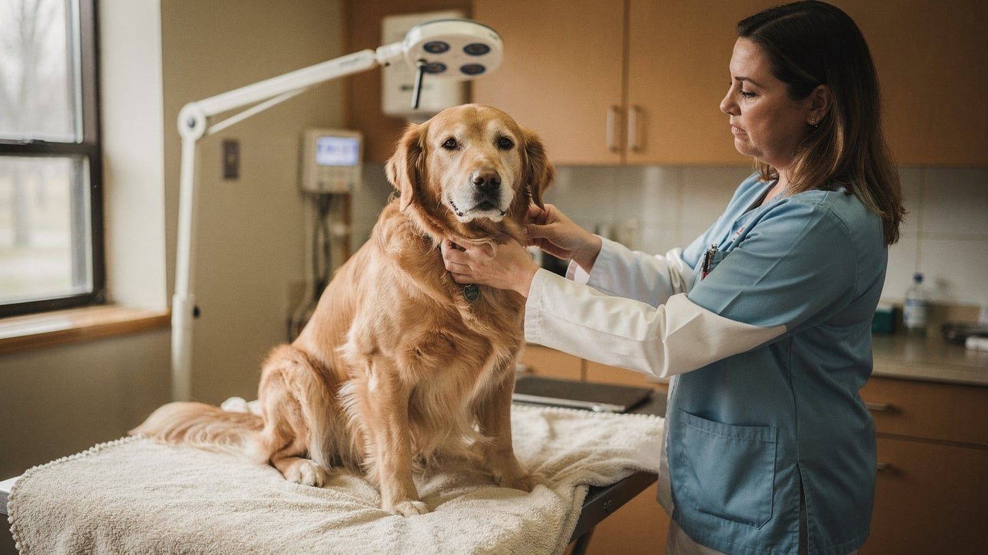 Golden retriever cancer screening - senior golden at oncology consult