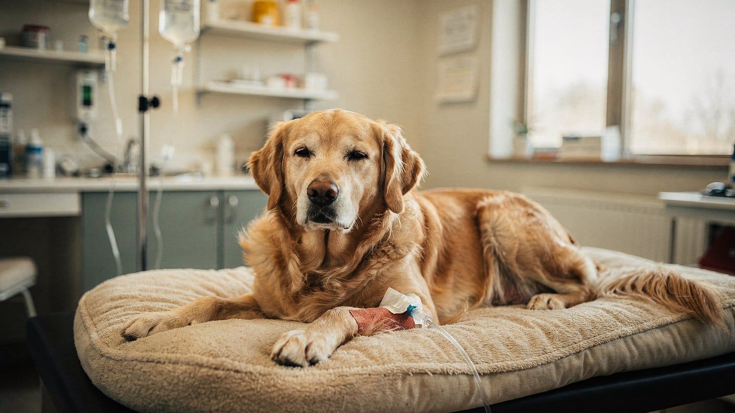 Golden retriever IV chemotherapy - receiving cancer treatment at vet