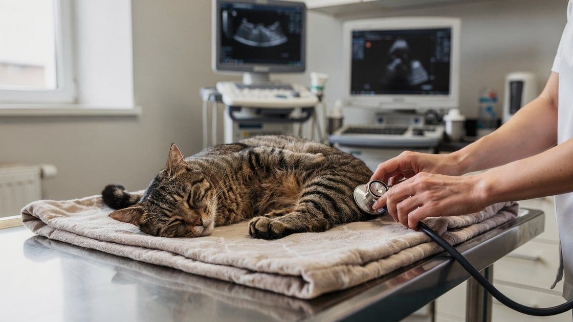 Veterinary cardiologist examining a cat with heart murmur using echocardiogram