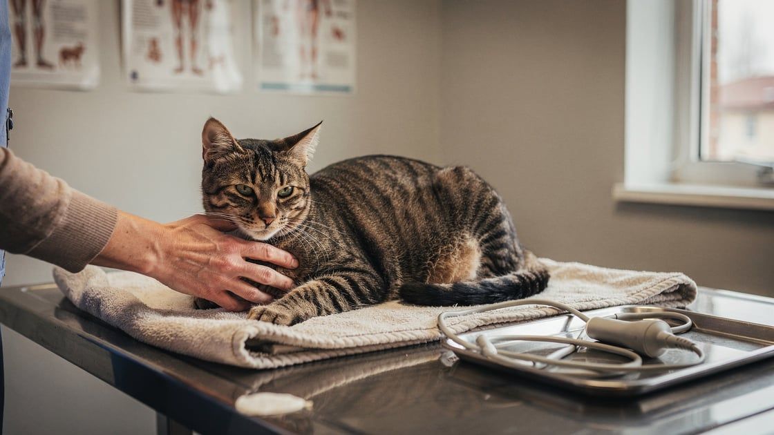 Veterinarian palpating a feline abdomen for hemangiosarcoma diagnosis