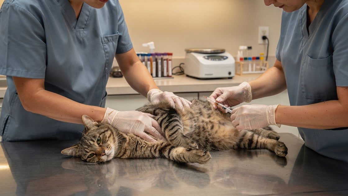 Vet team collecting feline blood for hypercalcemia and calcium level testing