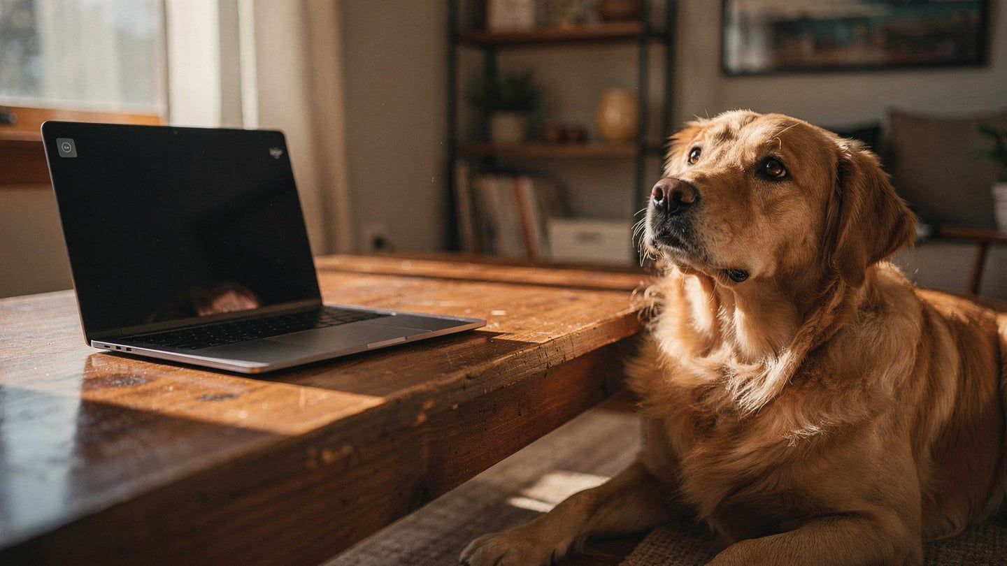 AI claim denial - laptop with insurance notification, worried golden retriever beside the desk
