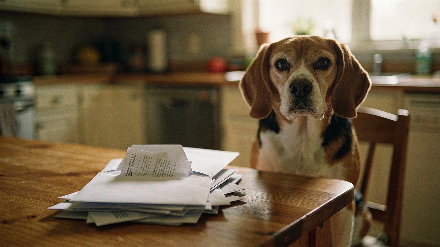 Pet insurance premium increases - stack of bills on kitchen table with worried beagle nearby