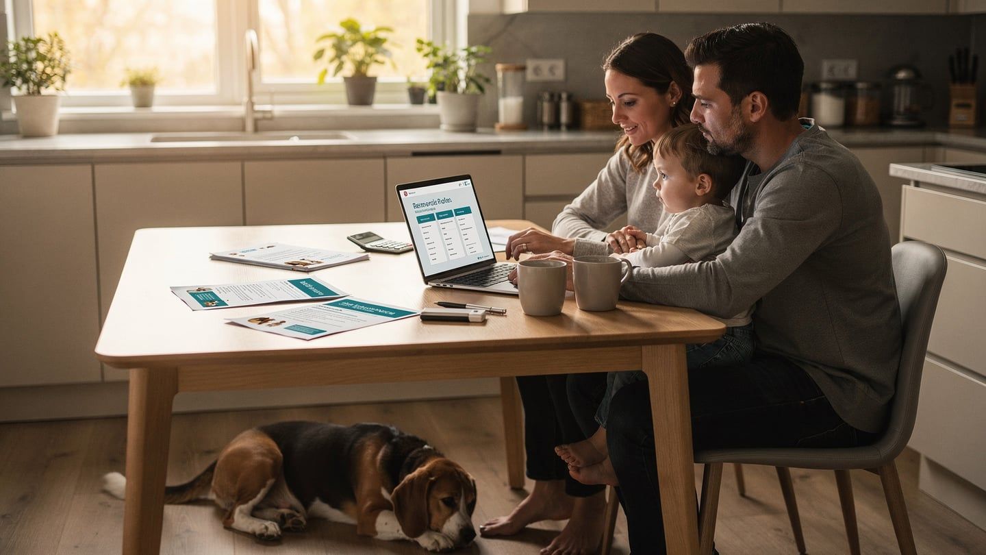 Pet insurance comparison - family reviewing policies on laptop with dog nearby
