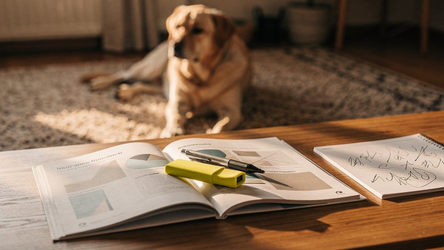 Pet insurance decision - comparing brochures with highlighter and notes