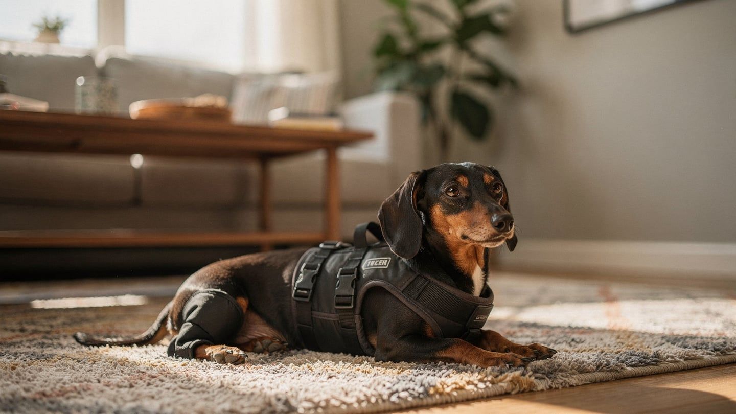 IVDD recovery - dachshund in post-surgery support harness at home