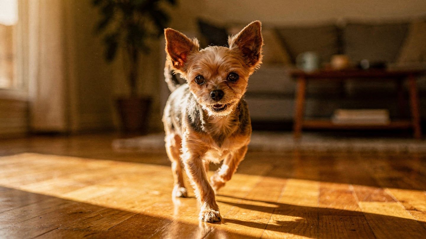 Longest-living dog breeds - senior small dog (Yorkshire Terrier) full of life and energy